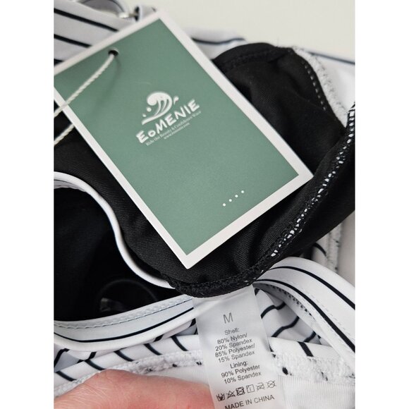 Eomenie Womens Med One Piece Swimsuit Wrap Tie Back Black & White Stripes - Picture 9 of 9